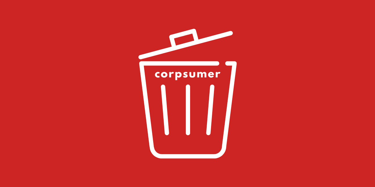 Illustration of an open rubbish bin with corpsumer written on it with a red background